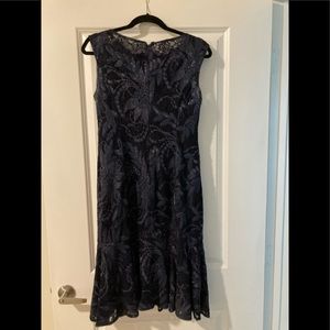 Adrianna Pappell Flounce Hem Navy Blue Lace Overlay Cocktail Dress